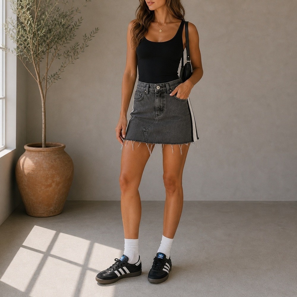 Zara Denim Mini Skirt Womens 4 Black Side Stripe Raw Hem Streetwear Y2K Biker